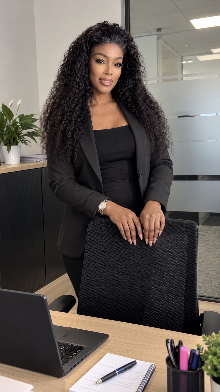 Edwige Mouaka debout derrière son bureau