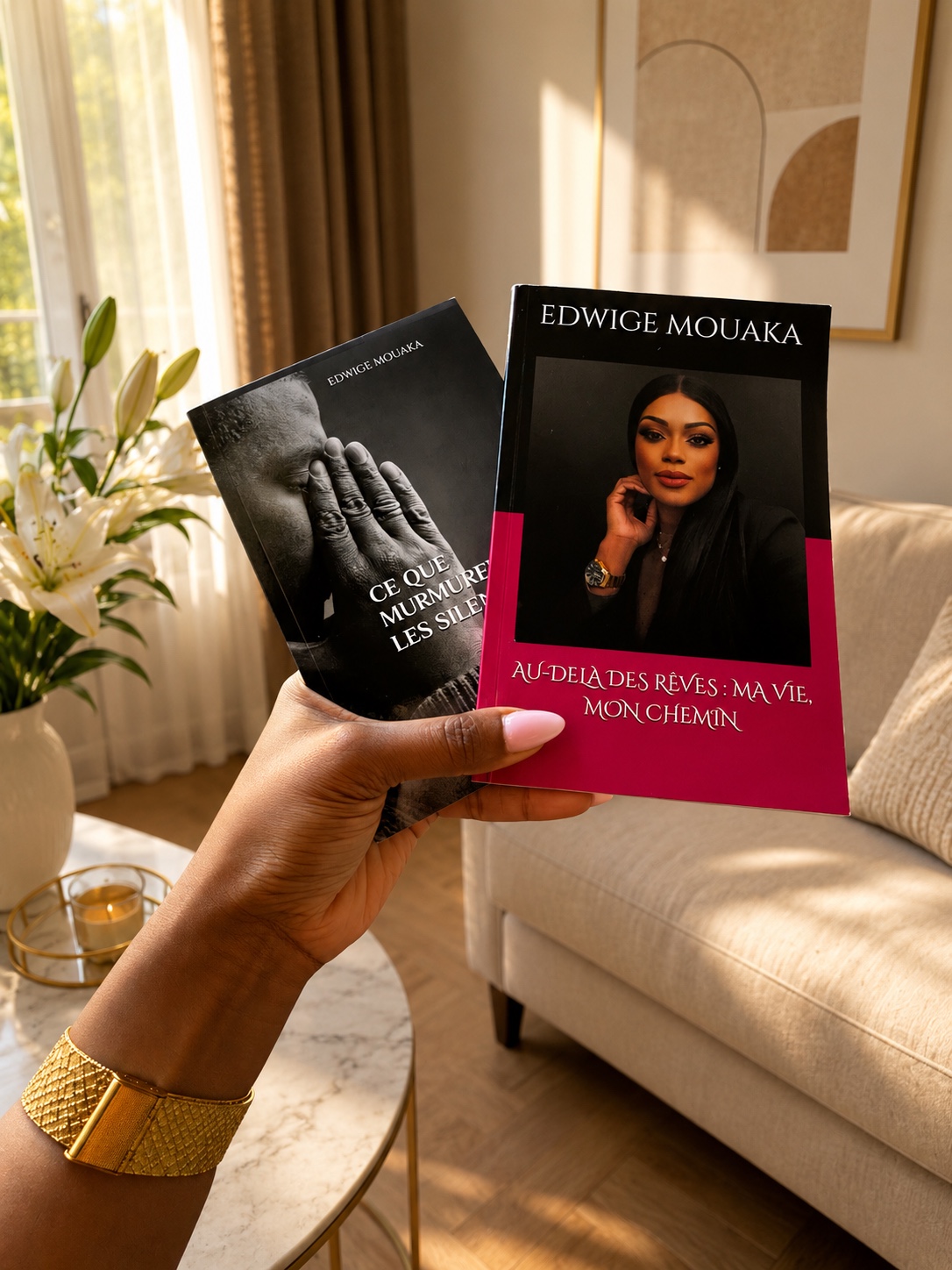 Les deux livres d’Edwige Mouaka dans un salon lumineux